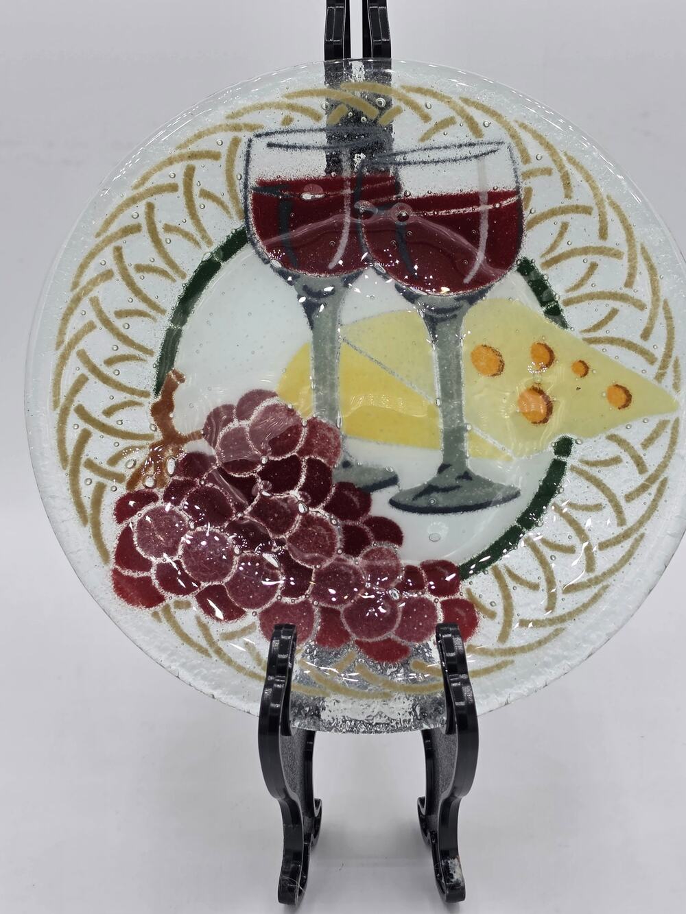 Peggy Karr Vintage Fused Art Glass Round Plate 8" Wine Cheese Grapes Platter